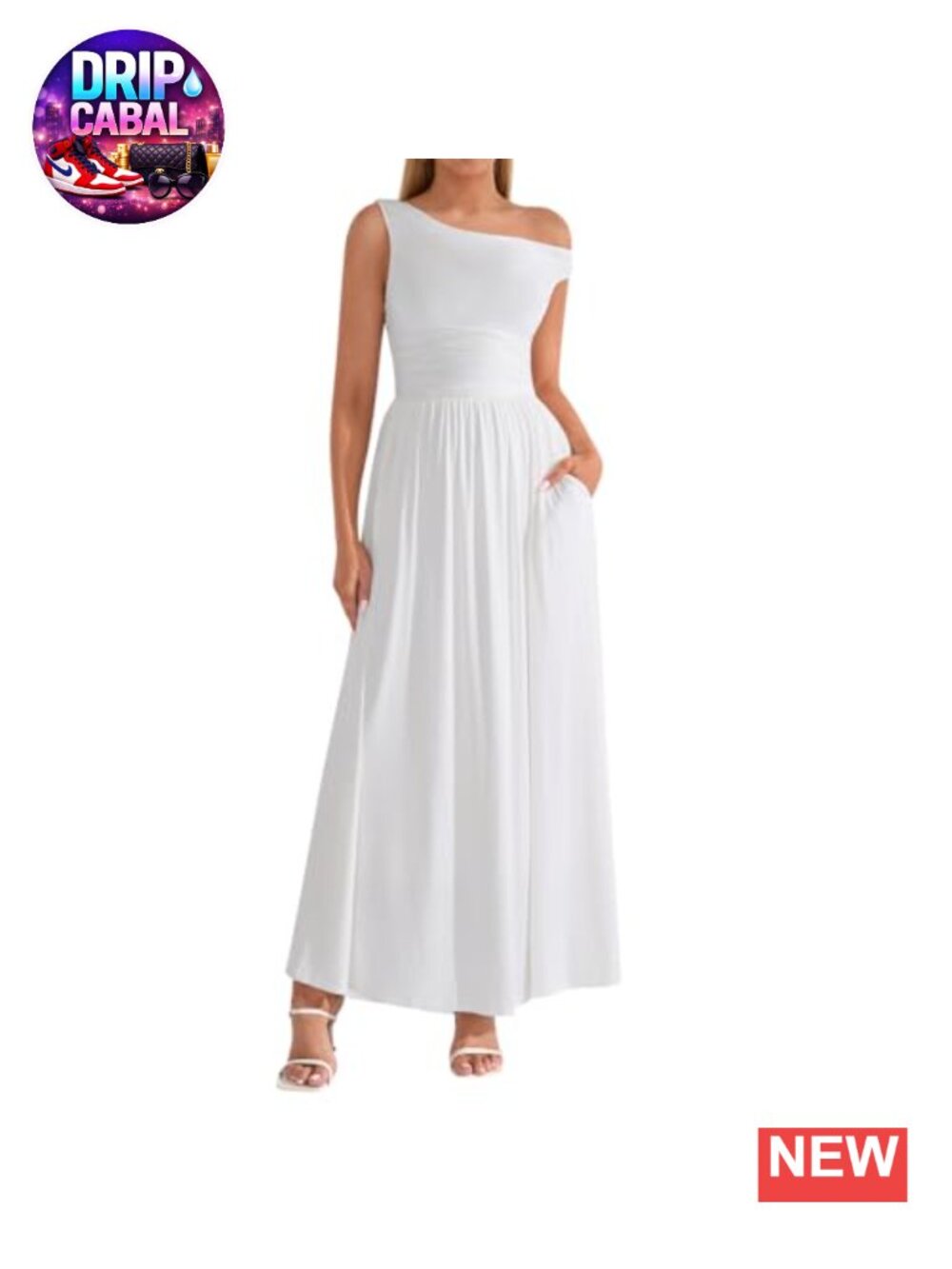 Women's One Shoulder Maxi Dress with Pockets, A-Line, Flowy Summer Formal